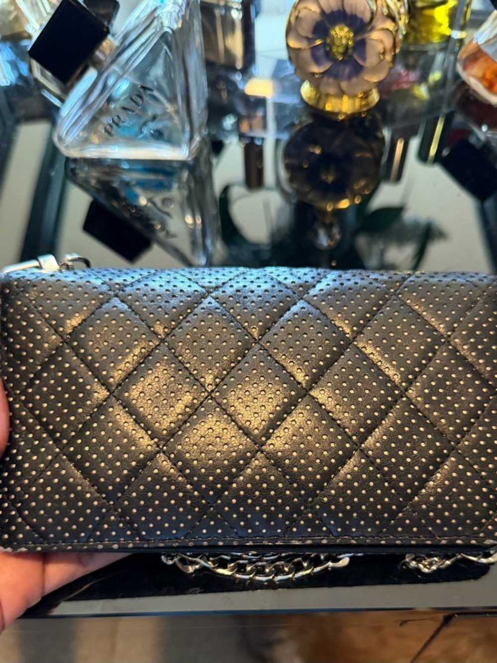 Vintage CHANEL Black Quilted Perforated Leather Crossbody with Silver Chain - Picture 2 of 3